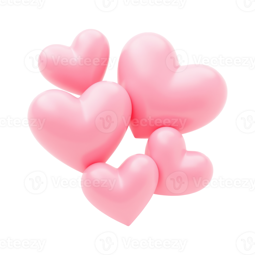Group of 3D glossy pink hearts floating on transparent background, creating a soft and romantic concept of love and affection. Valentine's day, wedding illustration. png