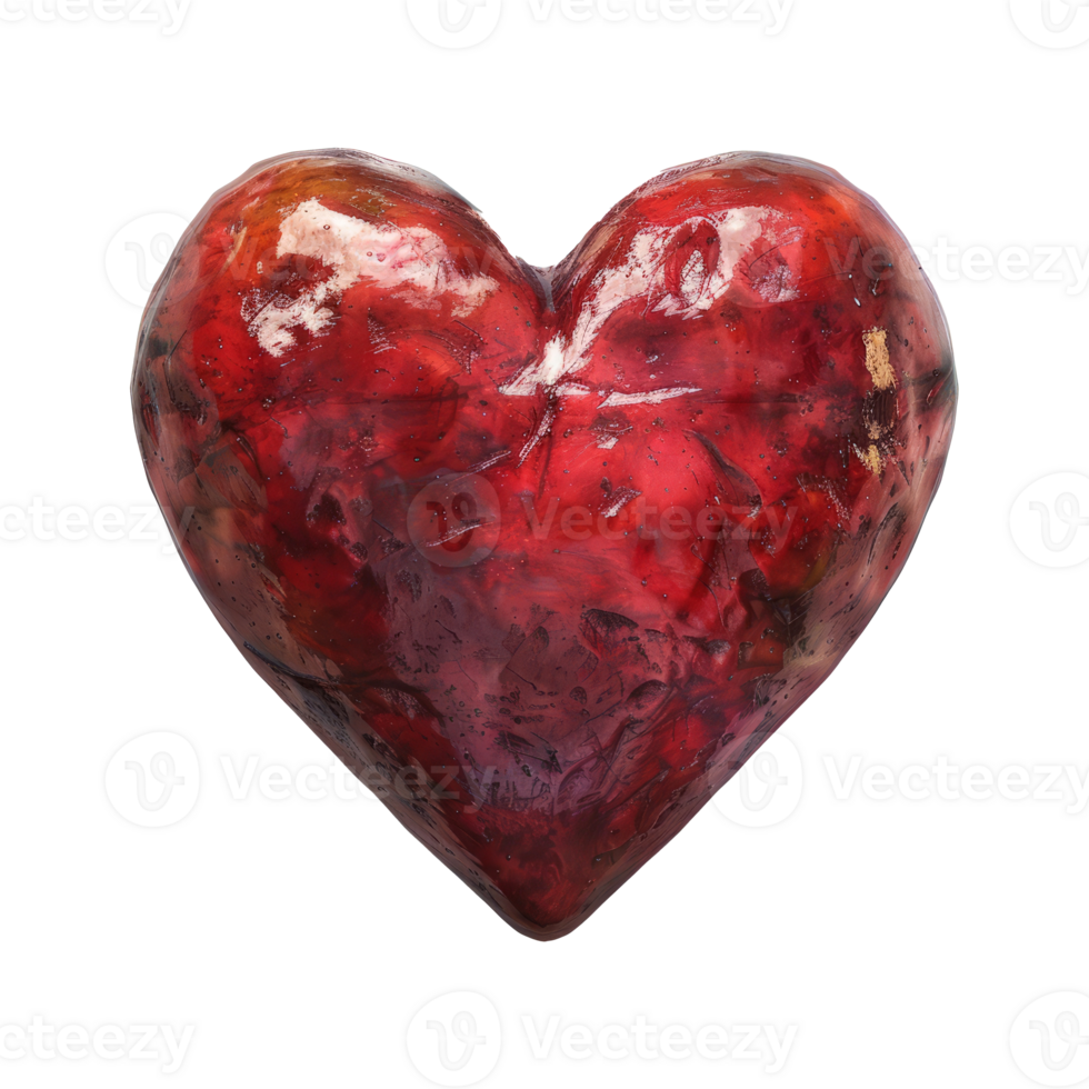 A textured red heart-shaped object with a glossy finish, set against a transparent background, symbolizing passion and love. Valentine's day, wedding illustration. png