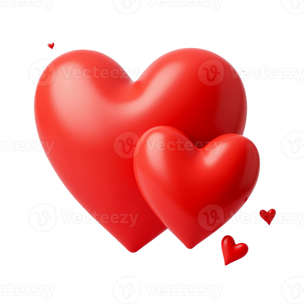 Glossy 3D red hearts of different sizes with a smooth surface, arranged on transparent background, symbolizing love and affection. Valentine's day, wedding illustration. png