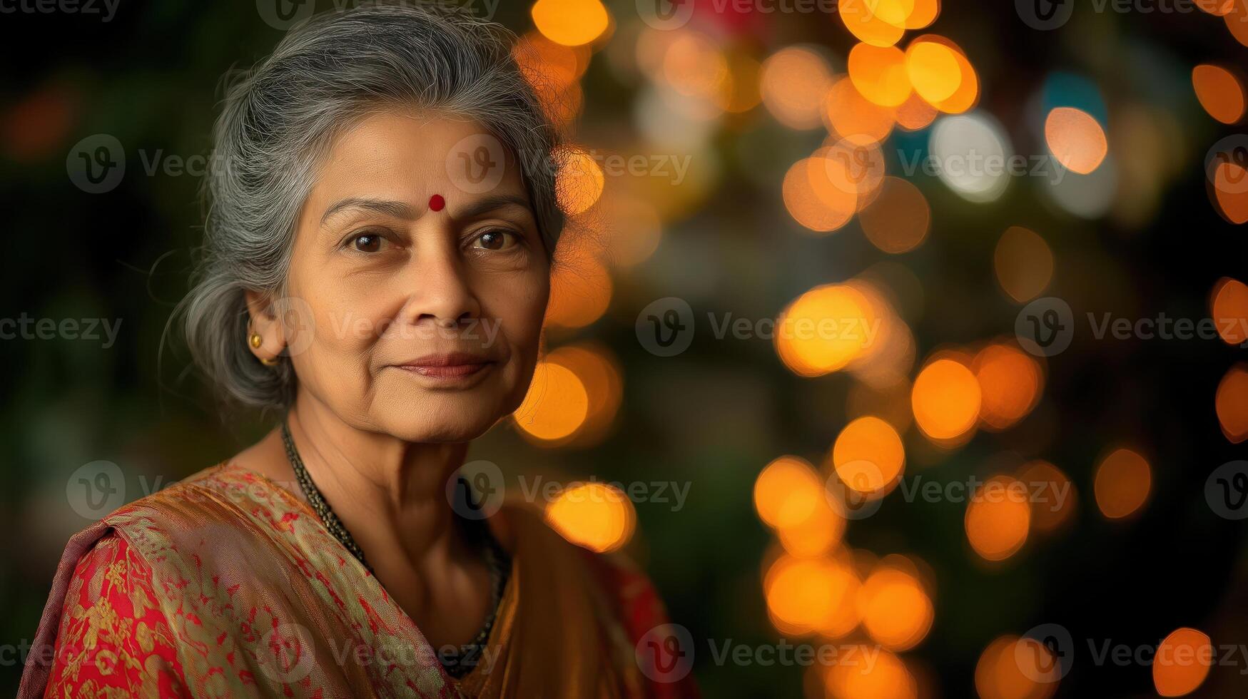 Senior Indian woman with gray hair looking confidently at camera under festive lights. Elegant pose photo