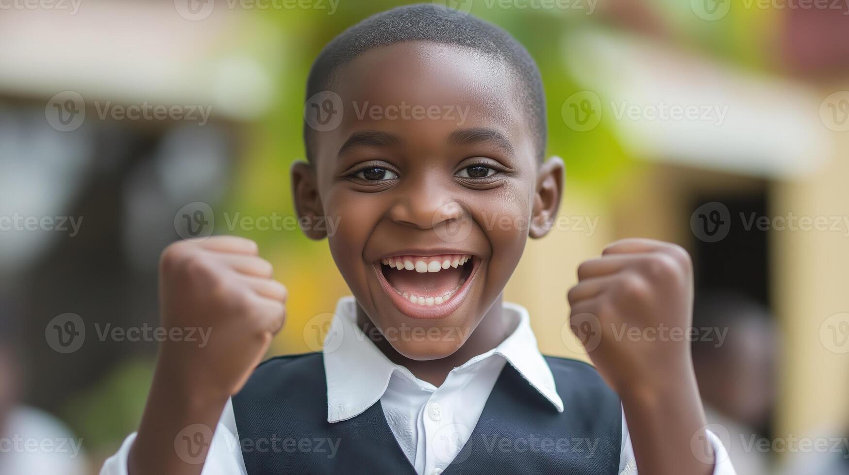 Black boy smiling outdoors, expressing excitement and energy. Childhood joy and confidence photo
