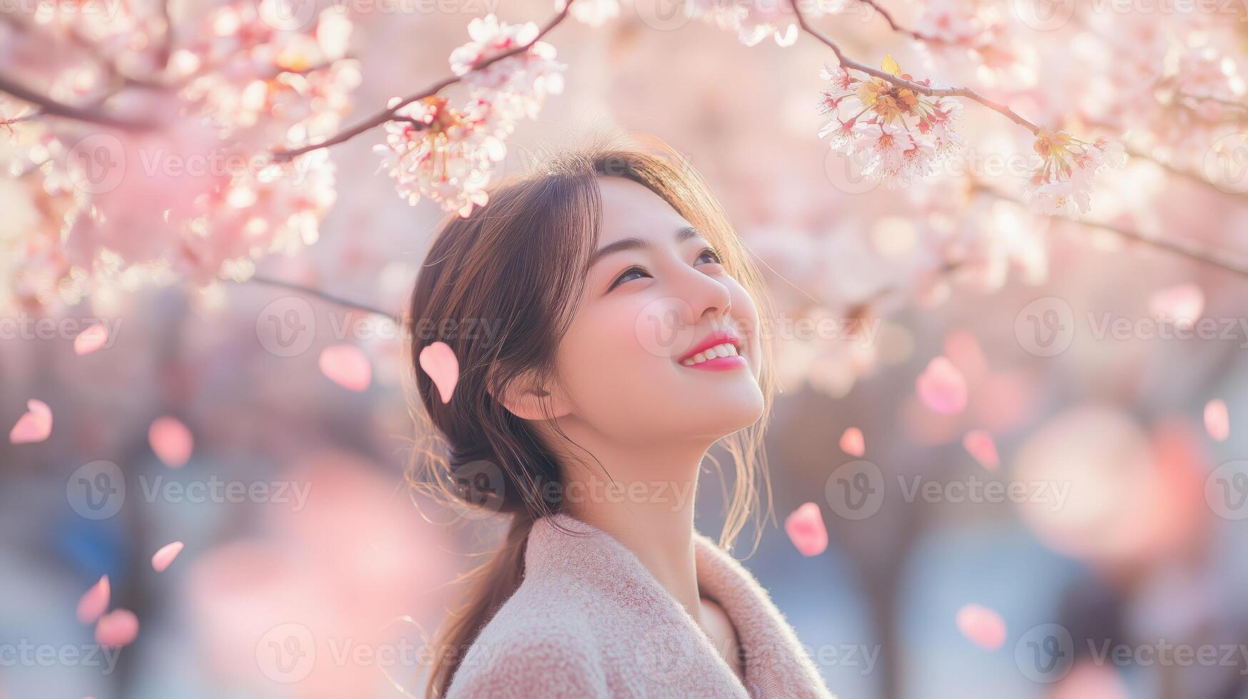 Cheerful young Asian woman enjoying cherry blossoms during spring. Concept of beauty and happiness in nature photo