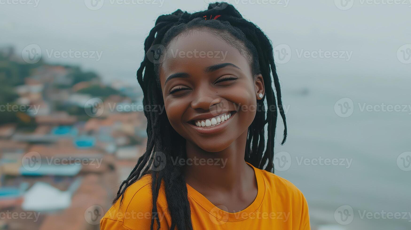 Smiling Black woman outdoors by sea. International Day of Happiness photo