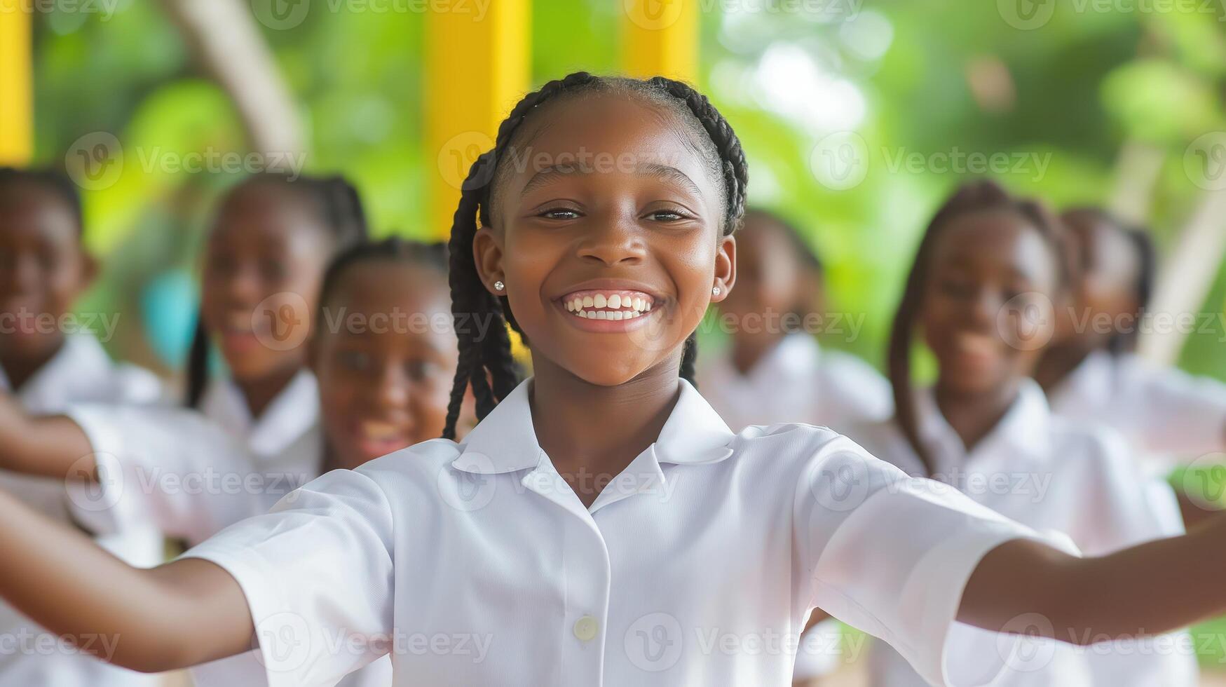Black girl outdoors smiling with friends in background, expressing happiness. Community and joy photo