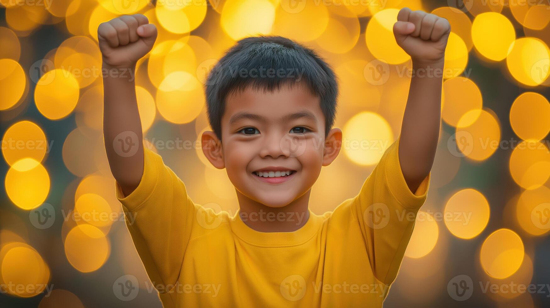 Young boy celebrating with arms raised, smiling brightly, glowing lights behind. Success and joy photo