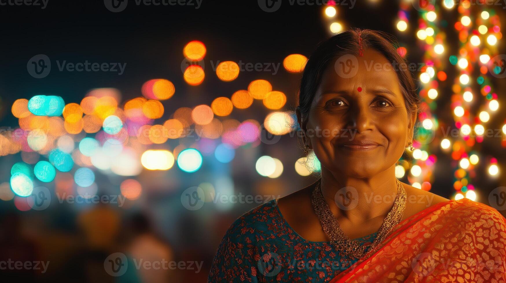 Older Indian woman in sari smiling joyfully under colorful lights at night. Festive and lively mood photo