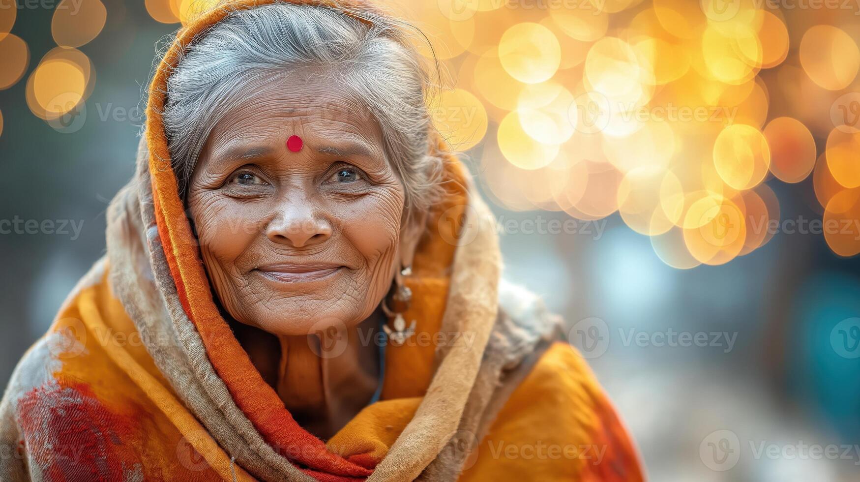 Elderly Indian woman in sari smiling gently outdoors in daylight. Calm and kind expression photo