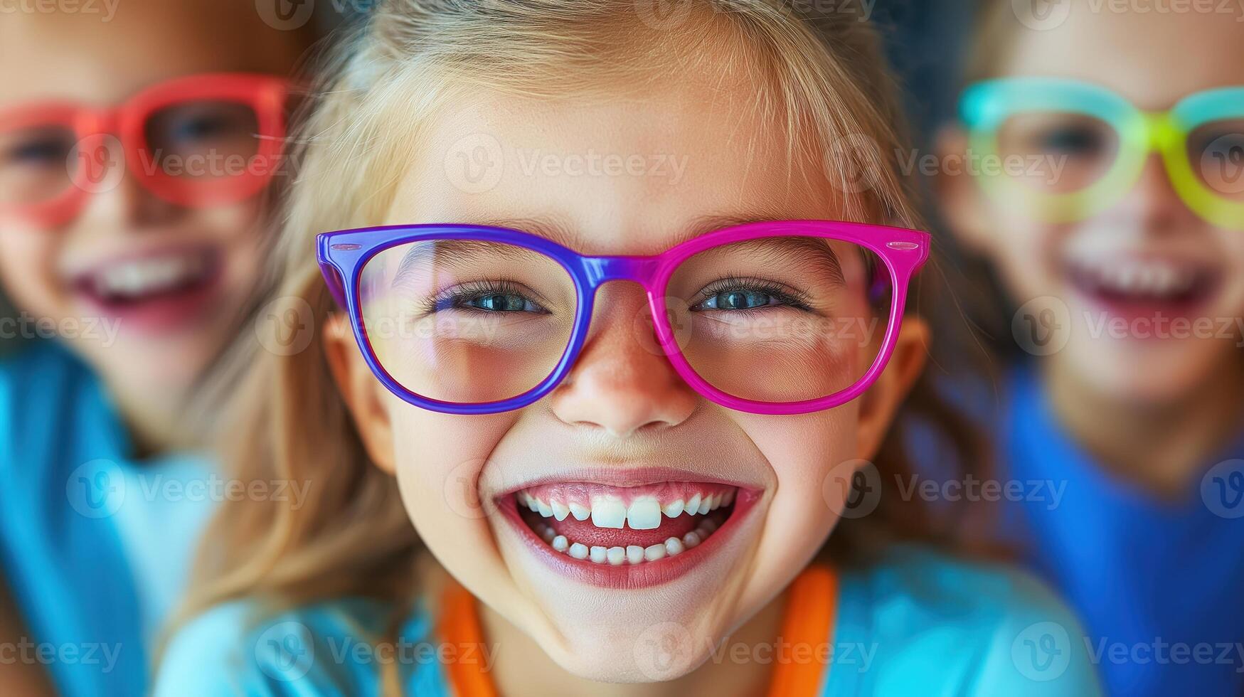 Caucasian girl laughing joyfully, wearing colorful glasses indoors. Childhood happiness photo
