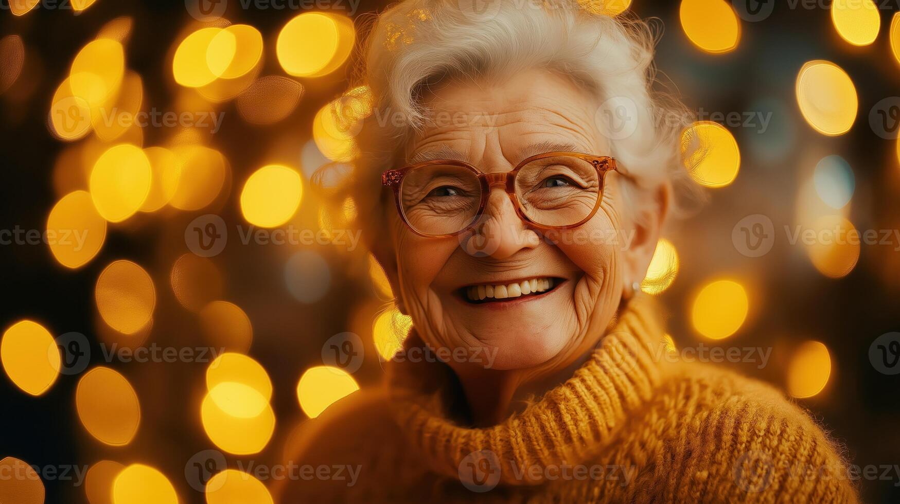 Senior woman in warm sweater laughing under holiday lights during International Day of Happiness photo