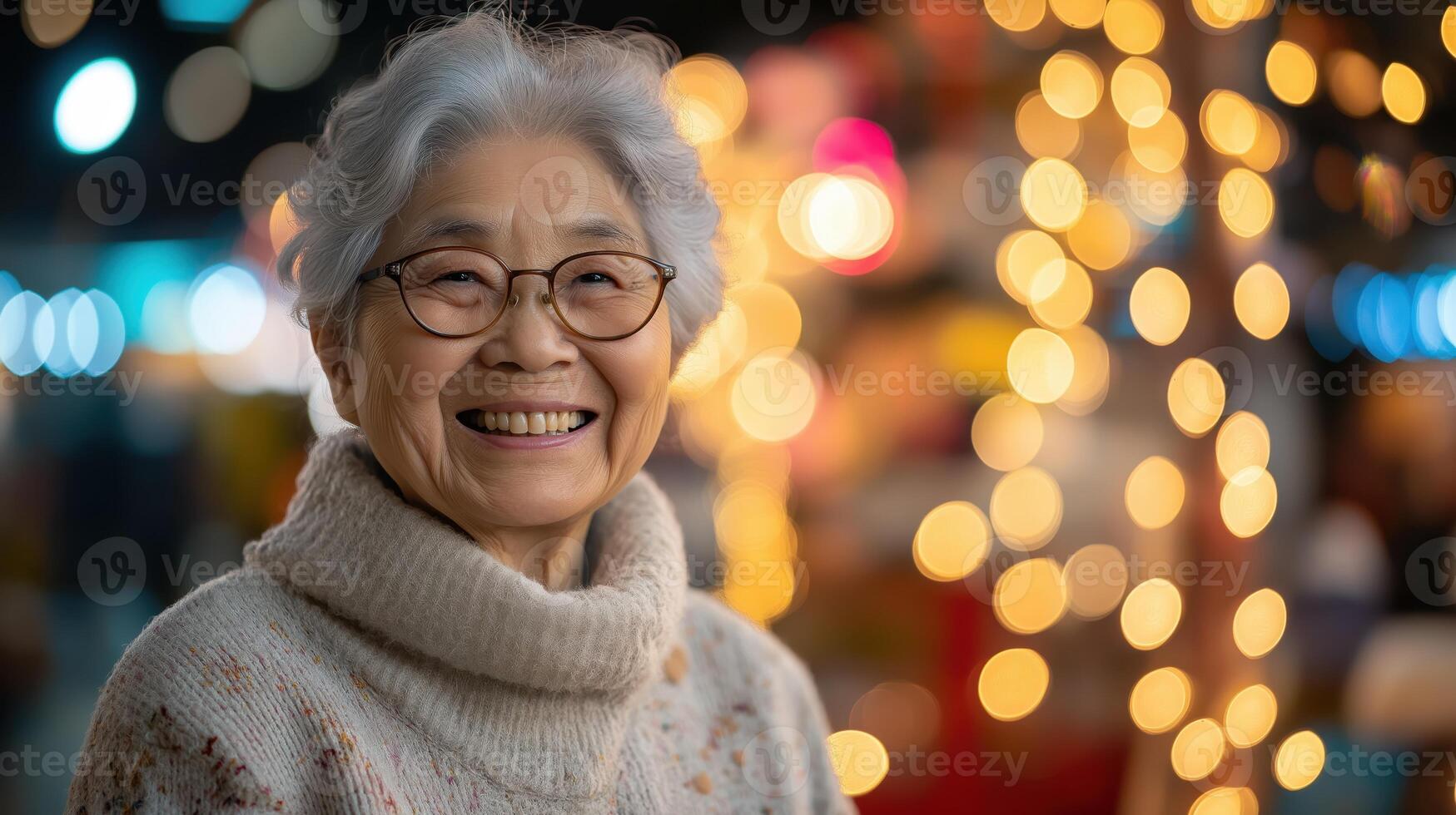 Elderly Asian woman in glasses smiling in festive lights during International Day of Happiness celebration photo
