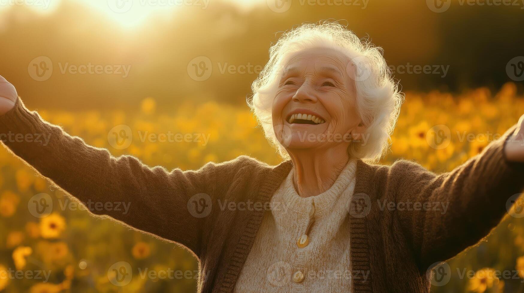 Elderly woman smiling with arms raised in sunflower field during sunset, celebrating International Day of Happiness photo
