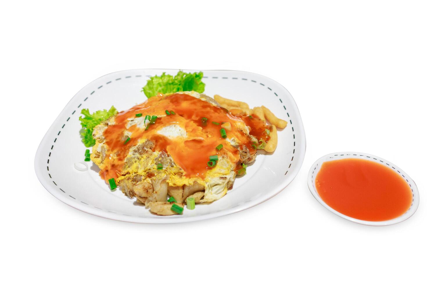 Top view of Stir-fried Rice Noodles with Chicken, focus selective photo