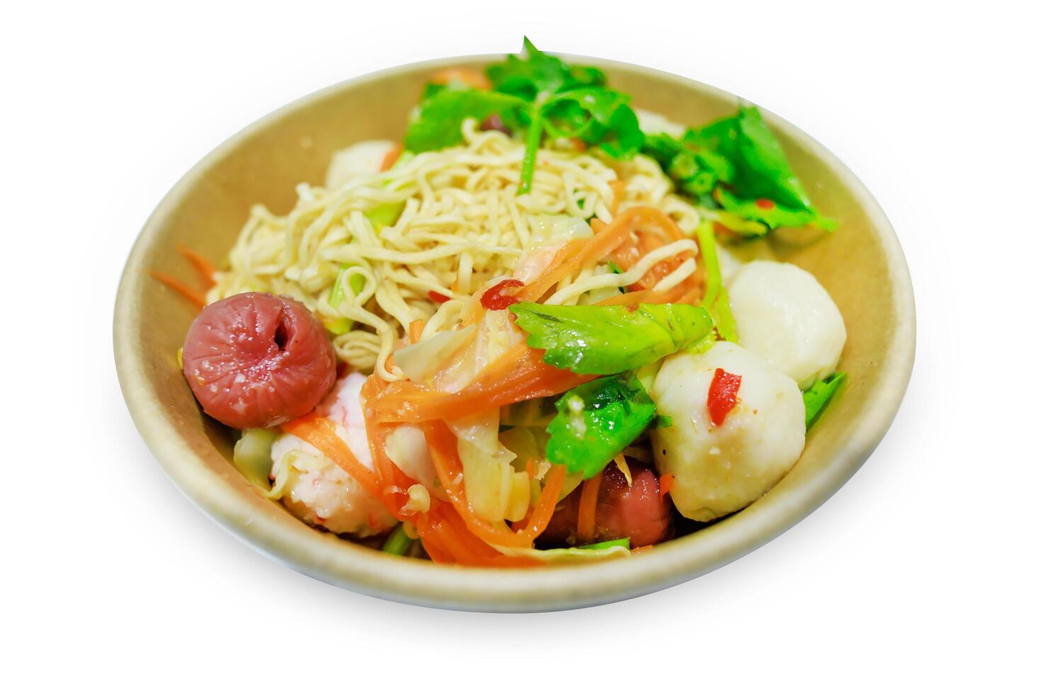 Top view of noodle spicy salad with Crab stick Sausage, focus selective photo