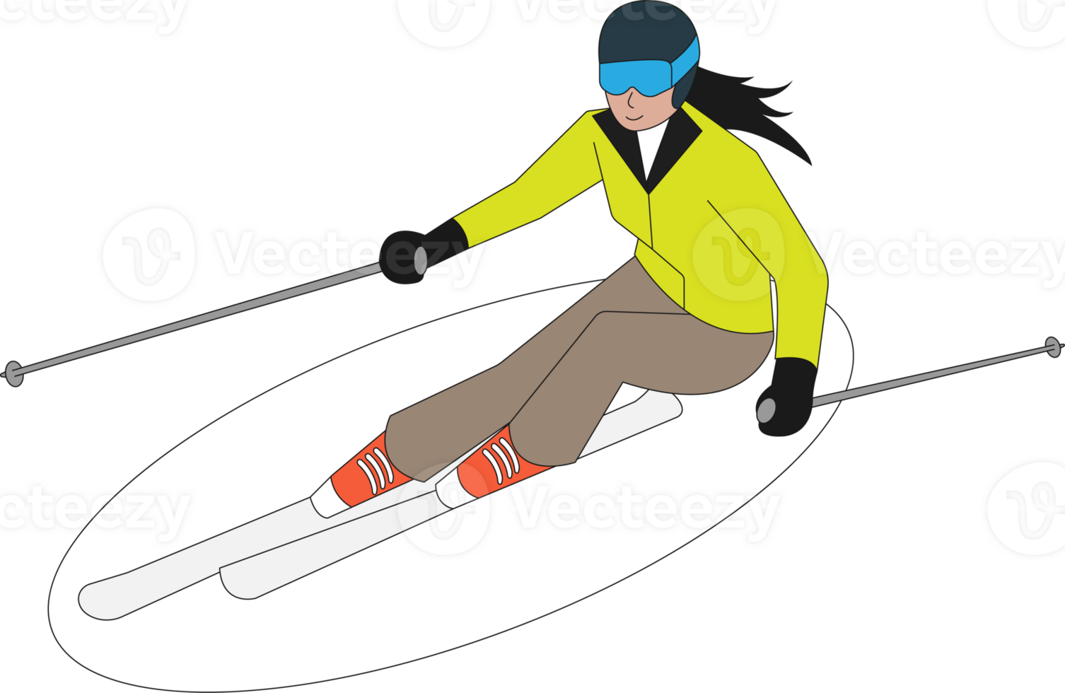 a cartoon woman riding skis on a snowboard png