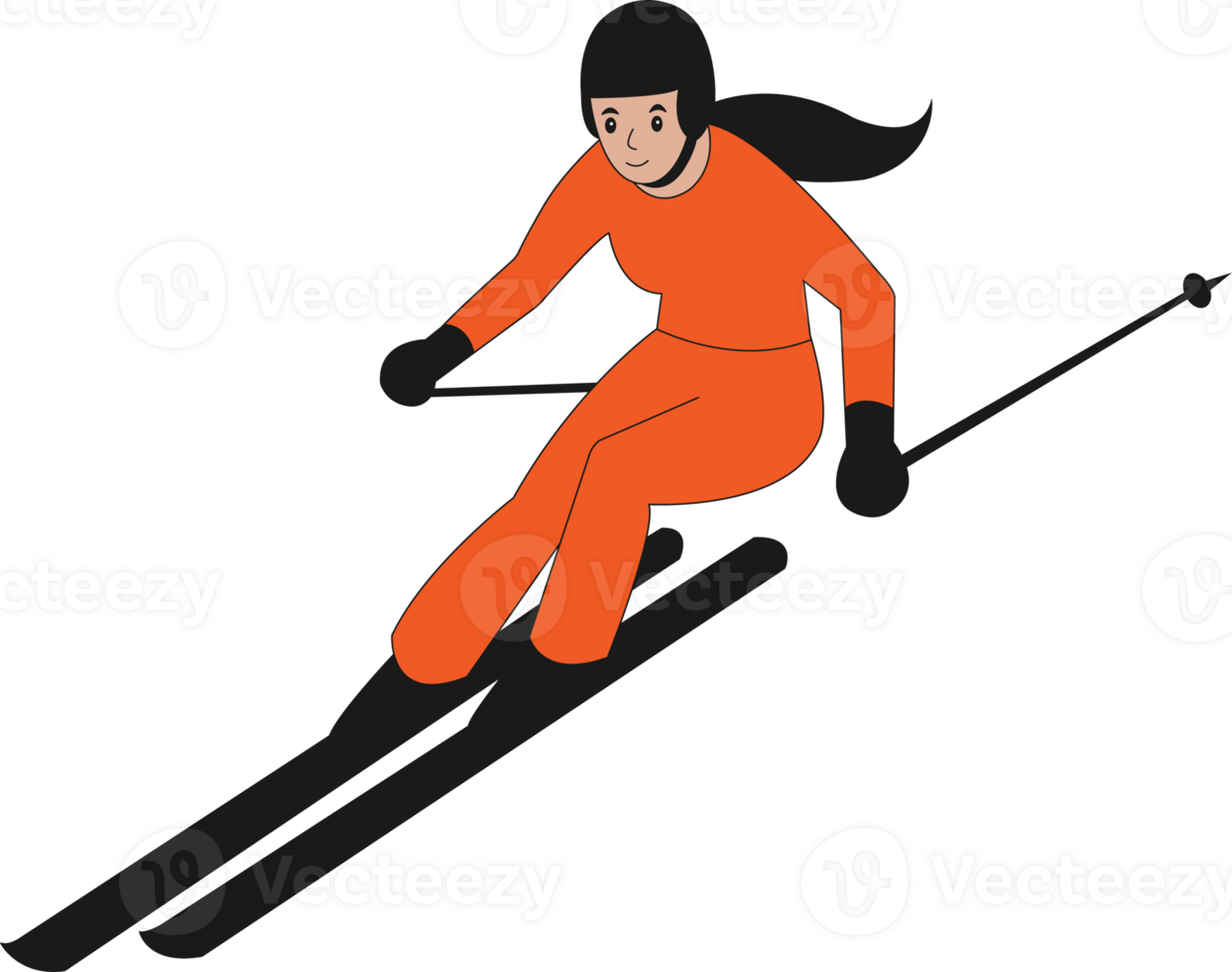 a woman in an orange outfit is skiing down a slope png