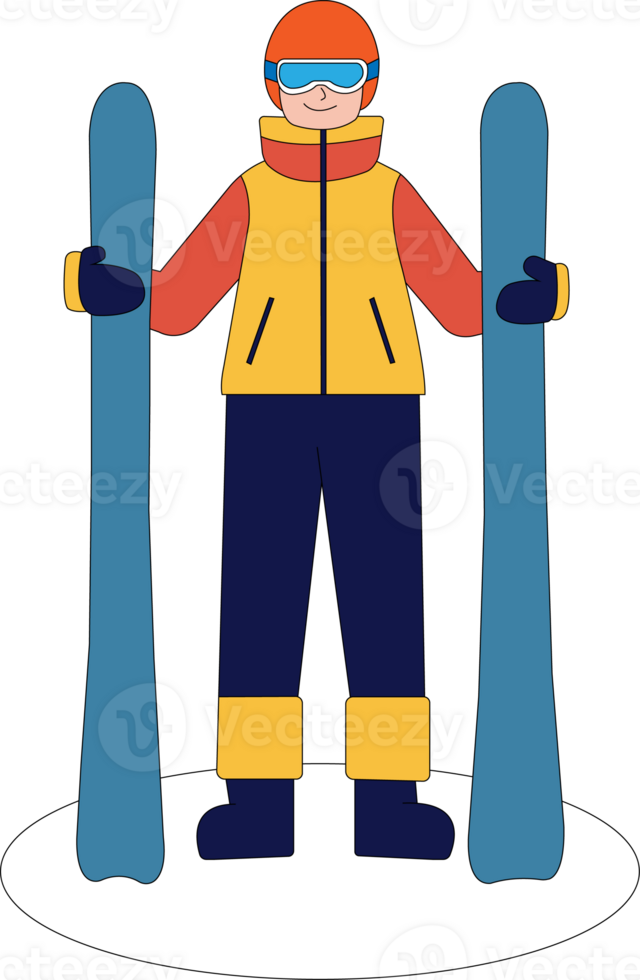 a cartoon man with skis standing on a snow covered hill png
