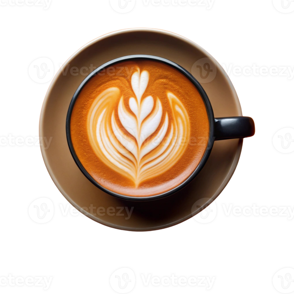 A cup of latte coffee with a pattern of a leaf isolated on transparent background png