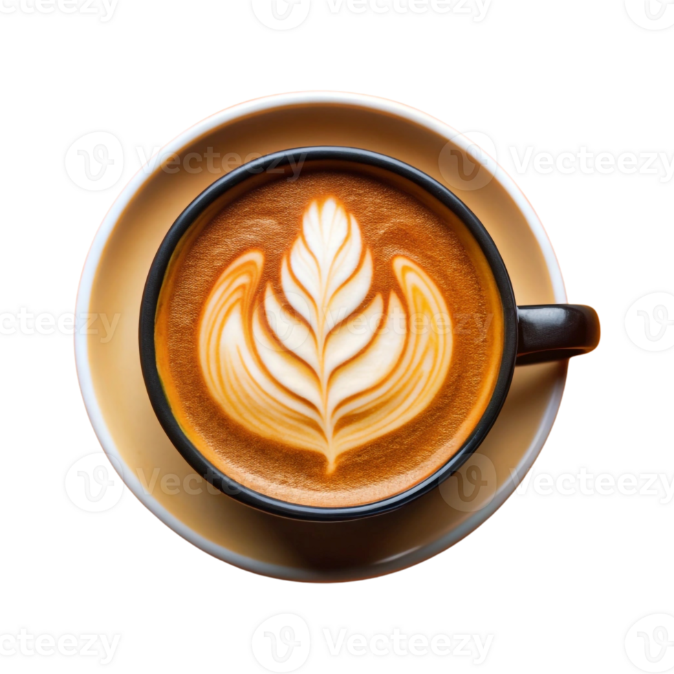 A cup of latte coffee with a pattern of a leaf isolated on transparent background. file, a cup of latte png