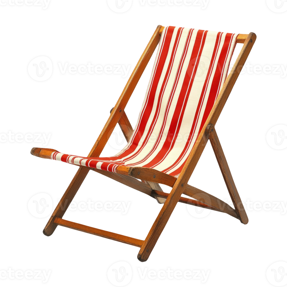 Wooden Deck Chair with Striped Fabric on Clear Background png