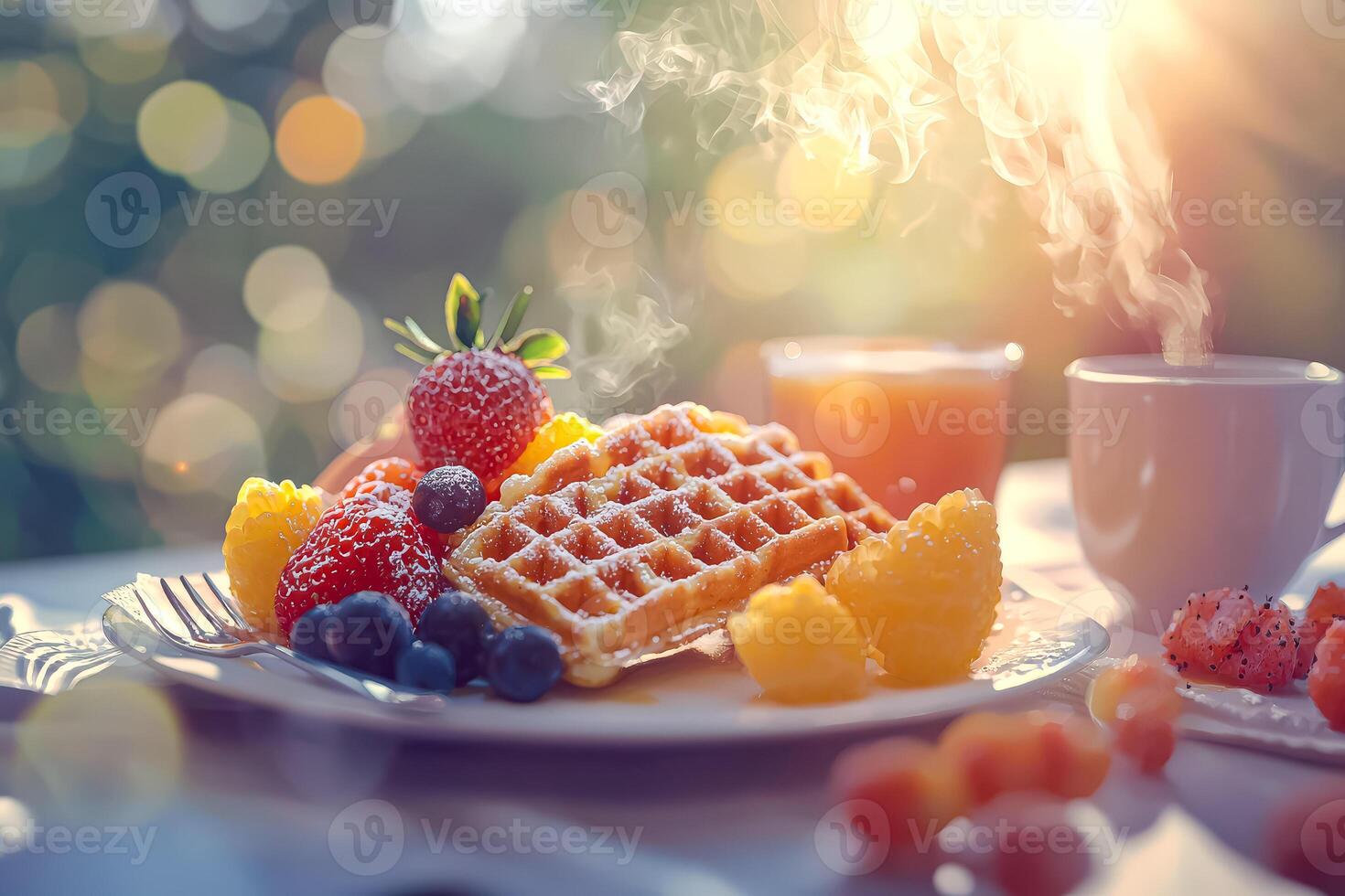 Plate of waffles and fruit is served on a table with a cup of coffee photo