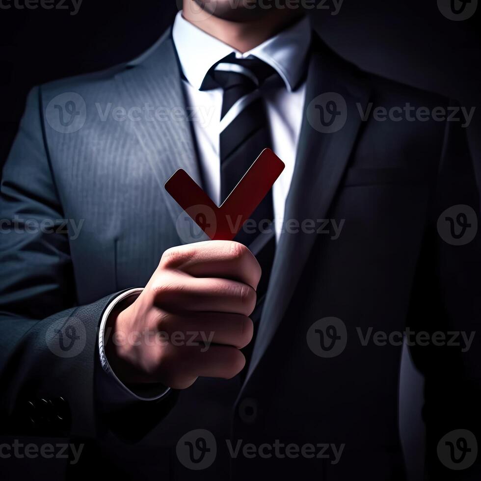 Quality assurance, Businessman holds a sign, symbolizing commitment to excellence. photo