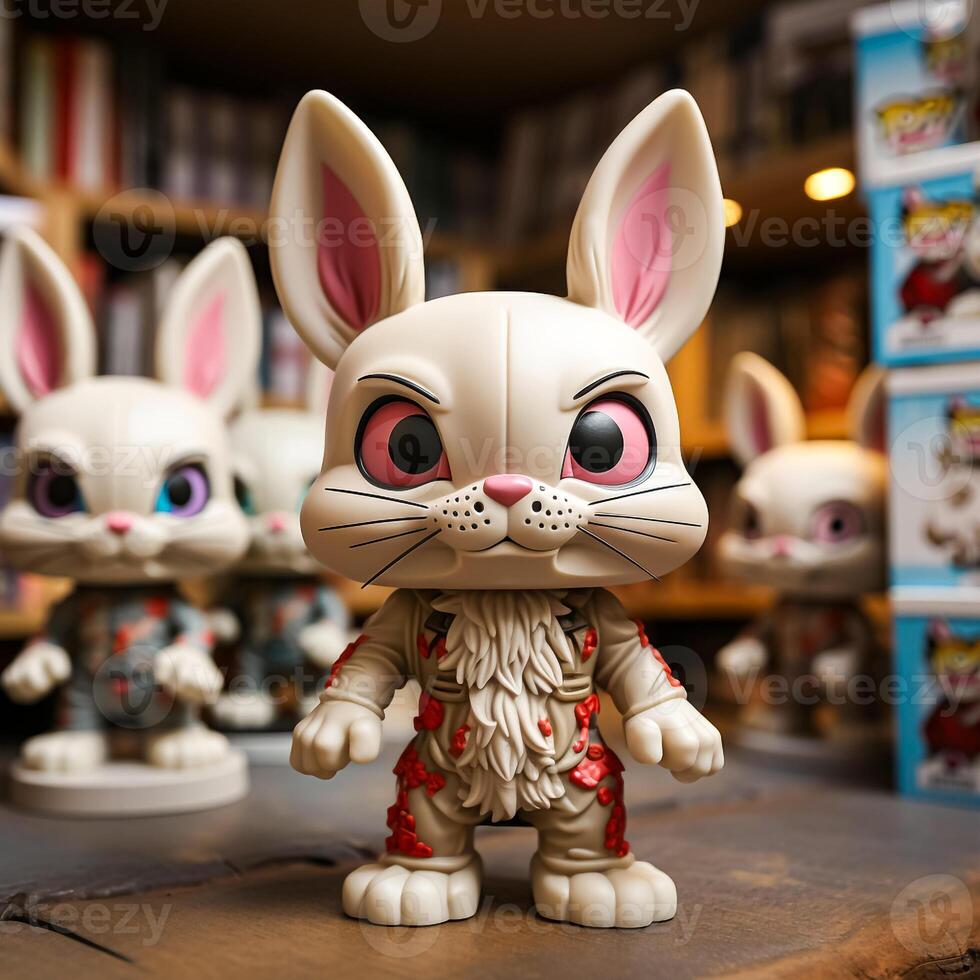 evil figurines of rabbits stand on wooden table photo