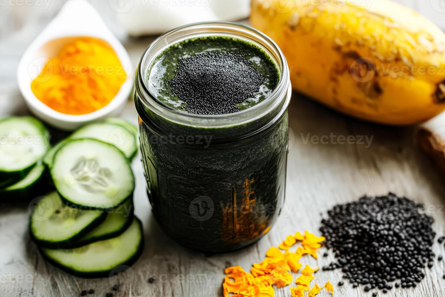 Jar filled with green smoothie is placed on a marble countertop. photo