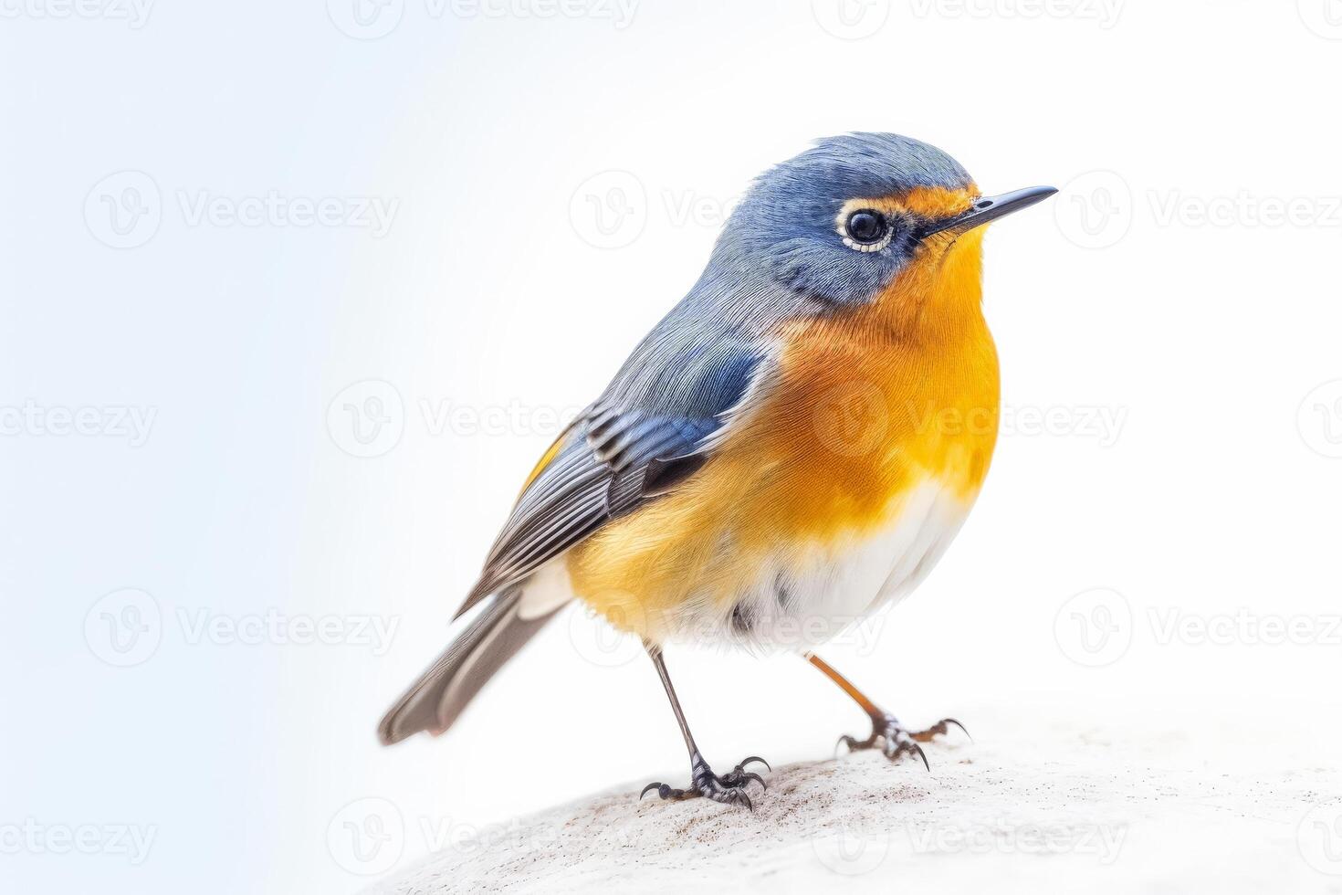 A small bird with orange and blue feathers is standing on a branch. photo