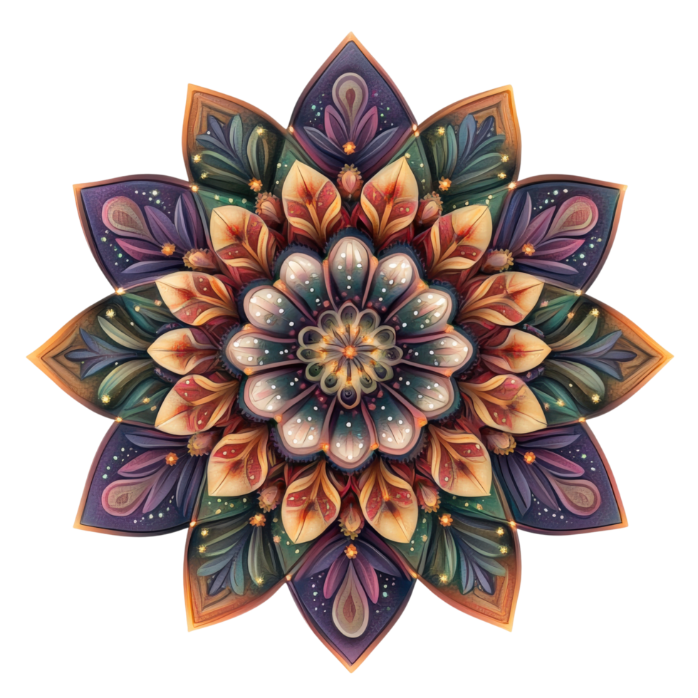 Multi colored mandala design featuring overlapping layers and intricate patterns, radiating sense of harmony and balance, perfect for art enthusiasts and decor lovers png