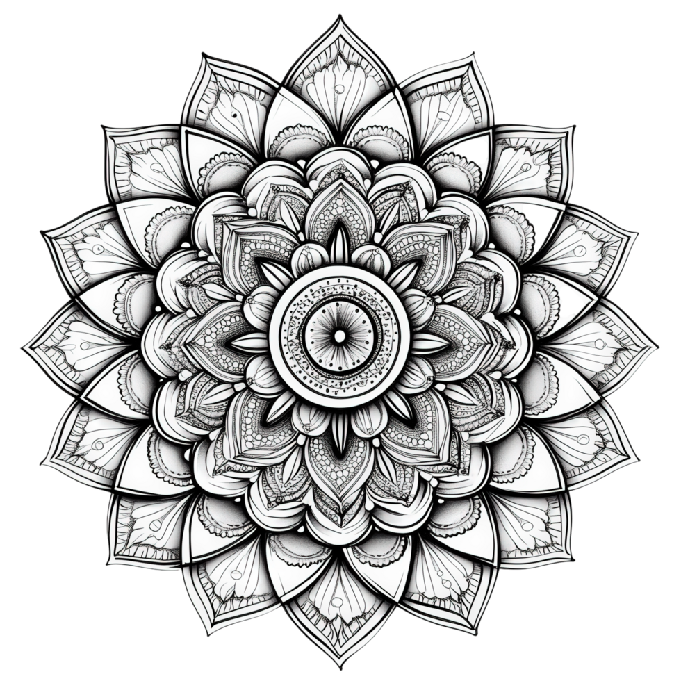 Intricate black and white mandala featuring symmetrical floral patterns, showcasing detailed designs and captivating circular form. Perfect for art enthusiasts and meditation spaces png