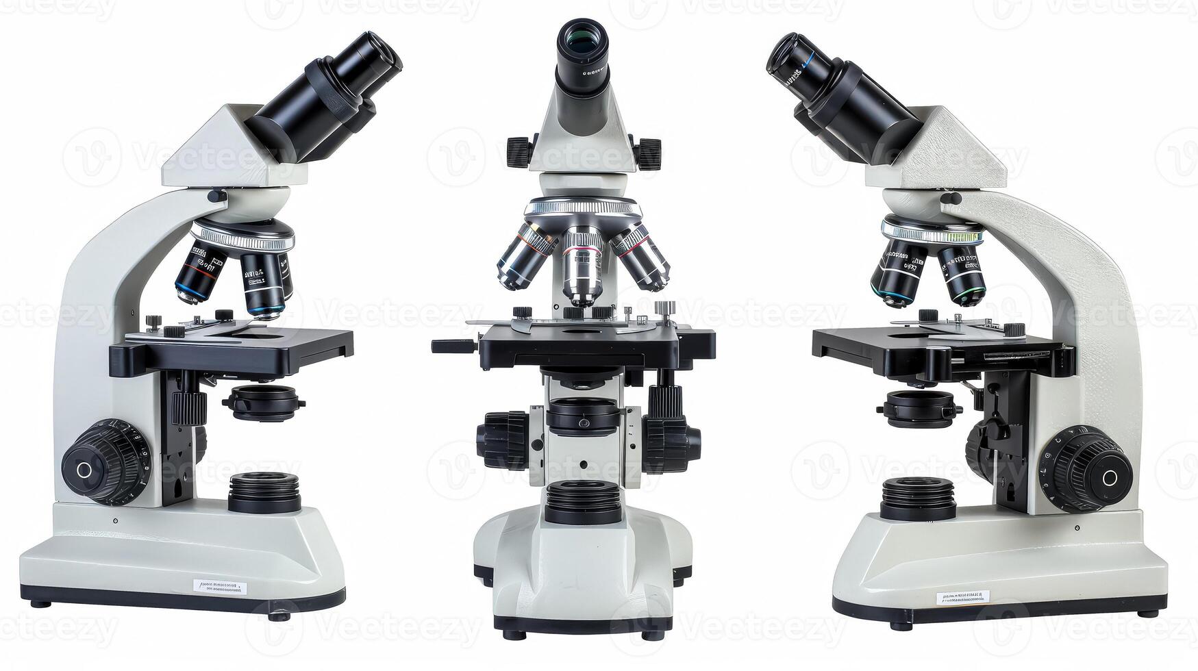 Three microscopes are lined up in a row photo