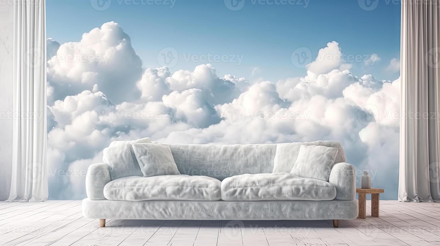 A white couch is in a room with a blue sky and clouds on the wall photo