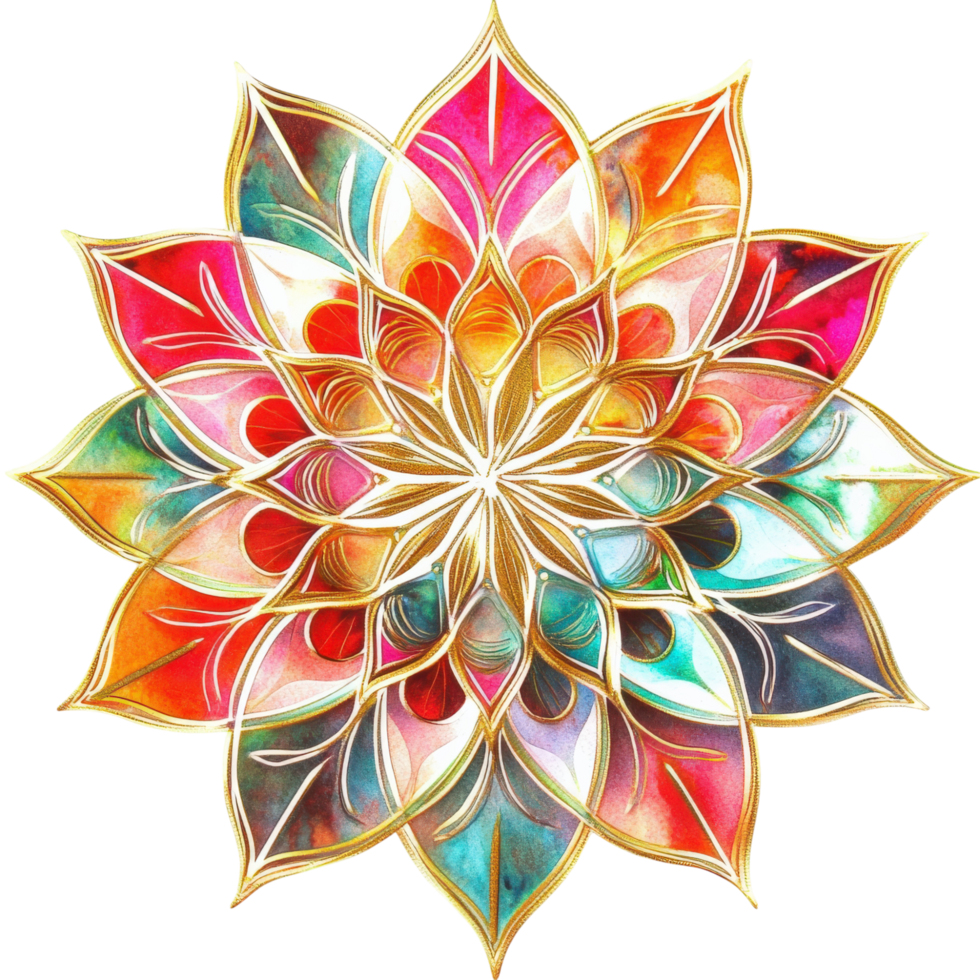 Vibrant mandala design with golden outlines and burst of tropical colors, showcasing intricate patterns and harmonious blend of hues png