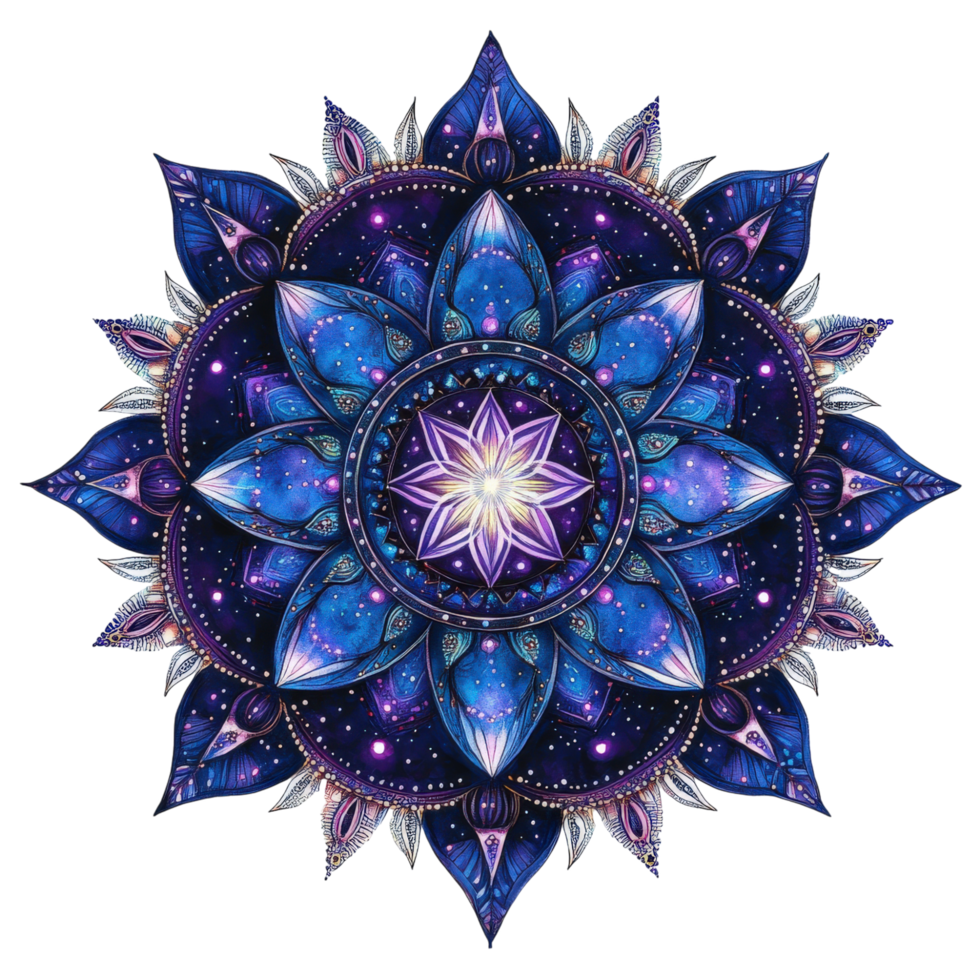 Cosmic themed mandala featuring star and moon motifs, radiating vibrant colors and intricate patterns, creating mesmerizing visual experience png