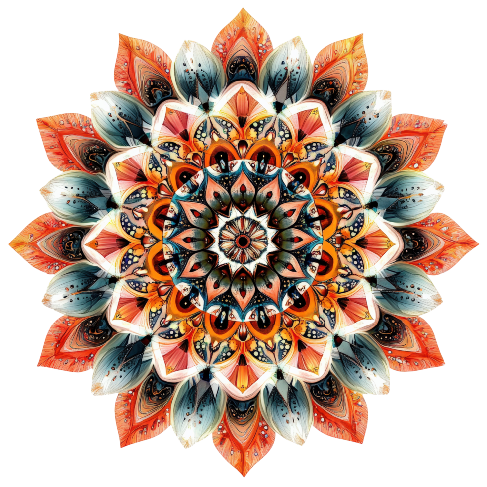Vibrant mandala design featuring intricate patterns and bold strokes, showcasing mix of colors and shapes that evoke sense of harmony and creativity png