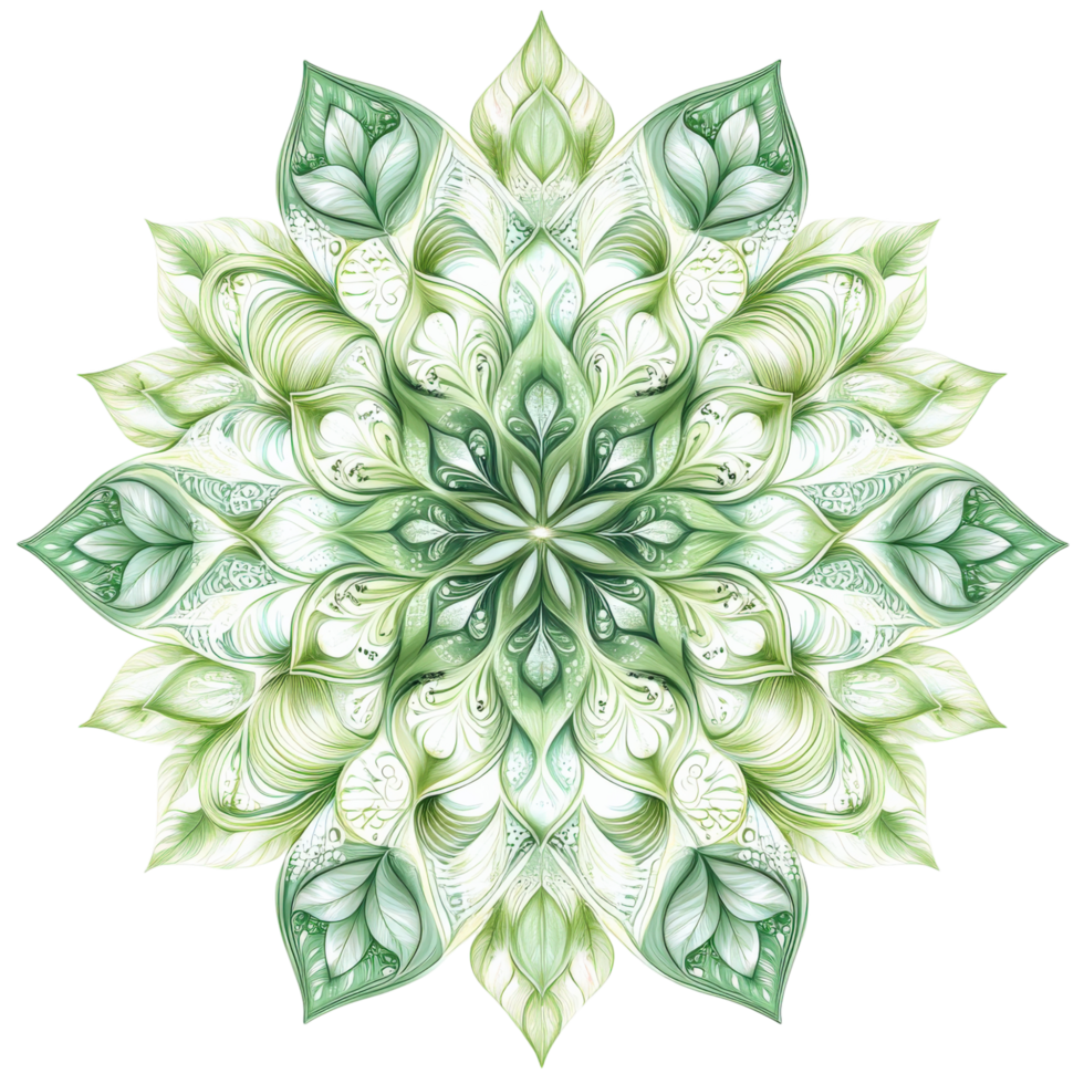 Ornamental mandala featuring layered leaf patterns in soft green hues, creating serene and harmonious design. Perfect for nature inspired decor or artistic projects png