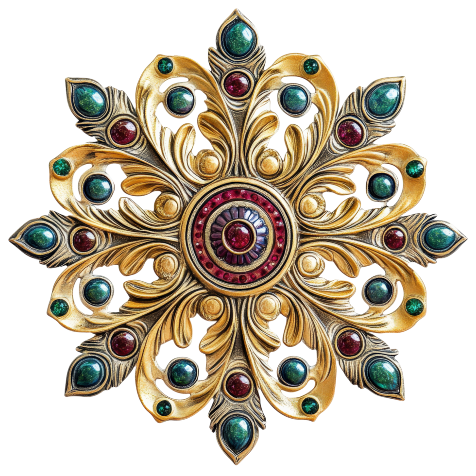 Bold mandala design featuring bright jewel tones and intricate details, showcasing blend of gold, green, and red elements that create stunning visual impact png