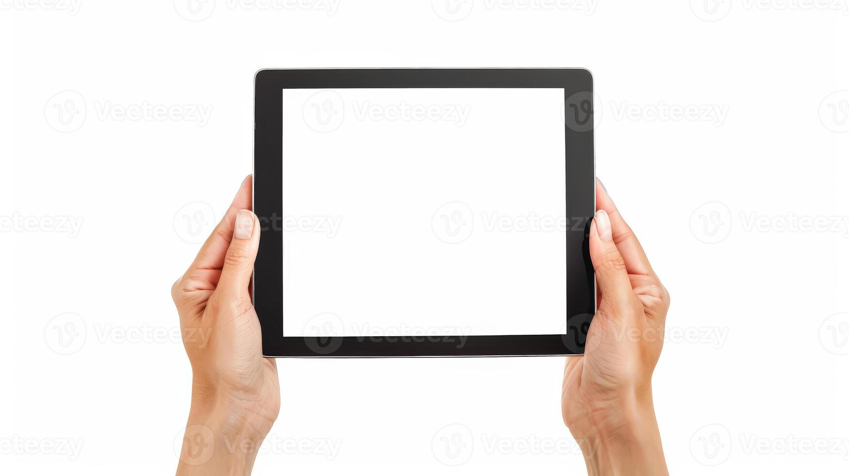 Person is holding tablet with white background. photo