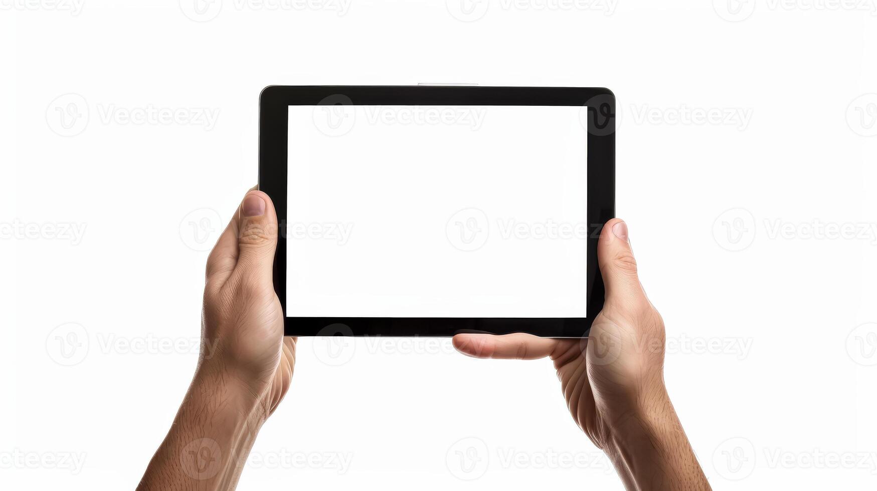 Person is holding tablet with white screen. photo