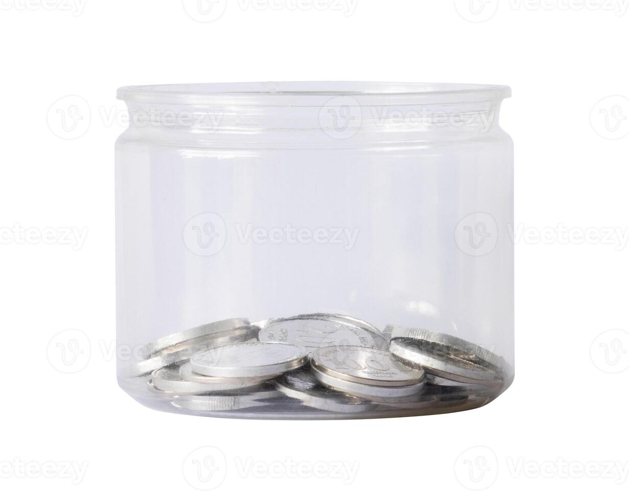 Start financial planing concept. Jar with coins isolated photo