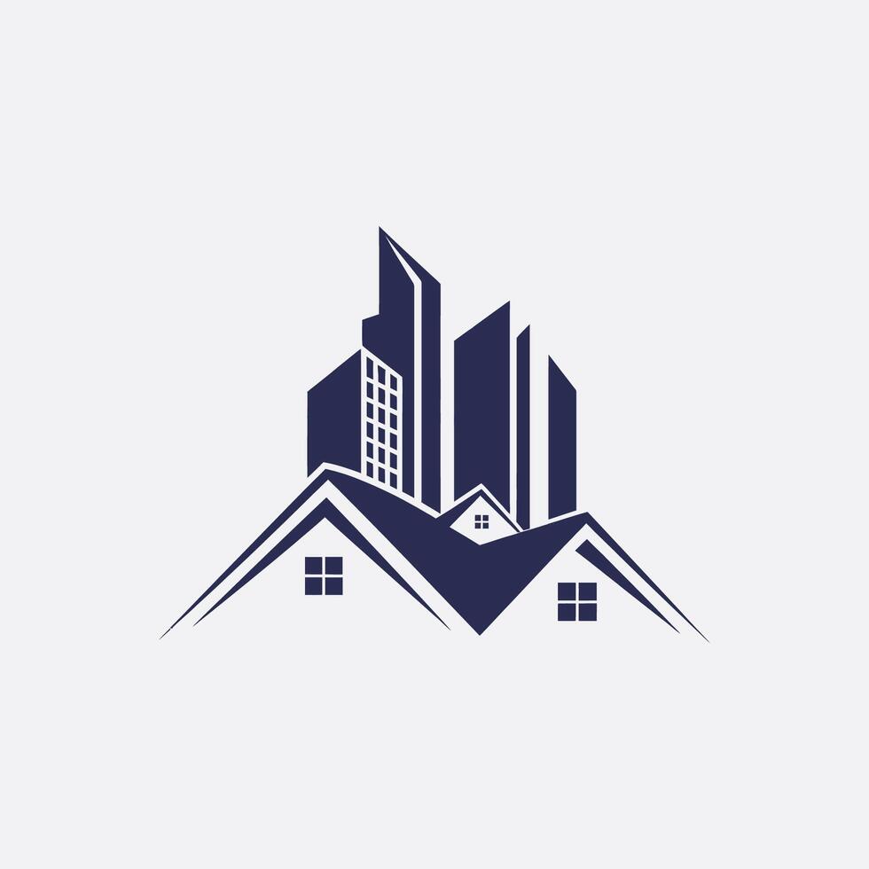 house with a roof and a skyscraper logos vector