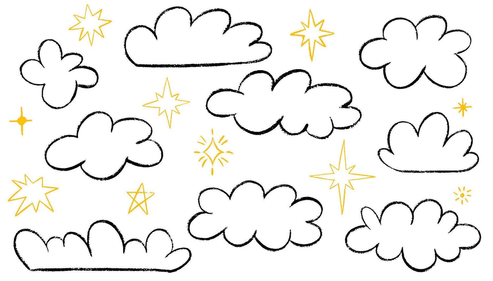Crayon drawn clouds and yellow cute stars in kid's style. Pencil or charcoal drawings childish icons isolated on white. Hand drawn various cloud and stars shapes. Doodle symbols vector