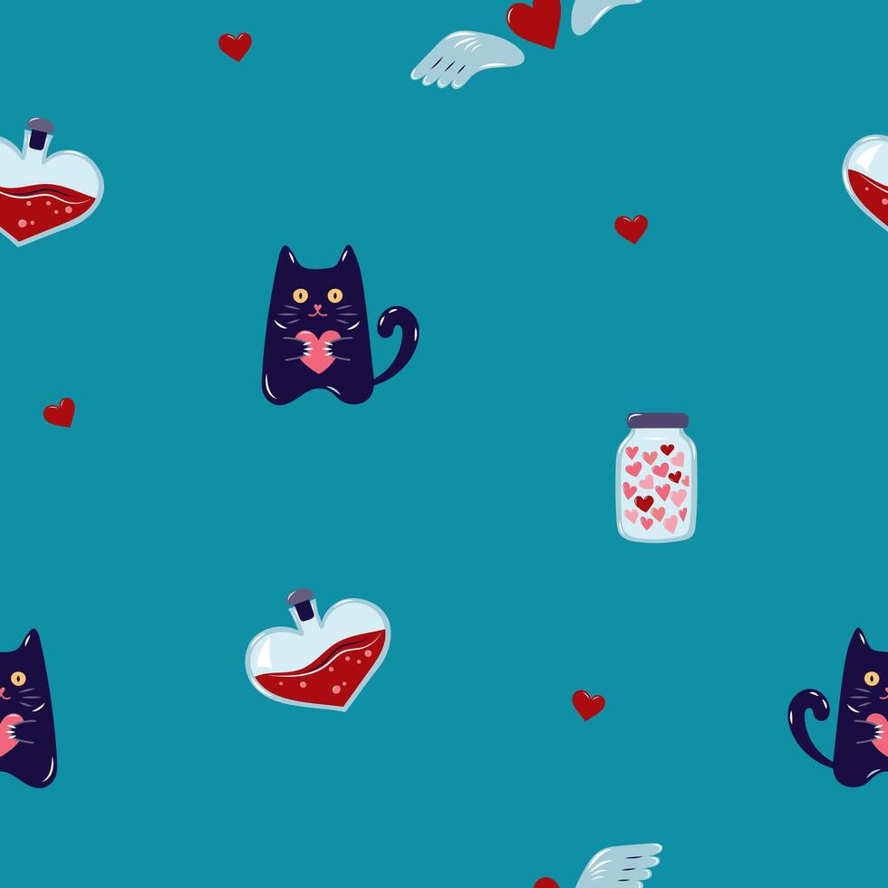 Valentine's Day Seamless pattern with cats and Heart shaped flask. Cute background for textiles and packaging. On turquoise background. illustration. vector