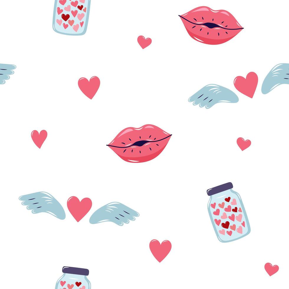 Valentine's Day Seamless pattern with hearts and Kissing lips. Cute background for textiles and packaging. On white background. illustration. vector