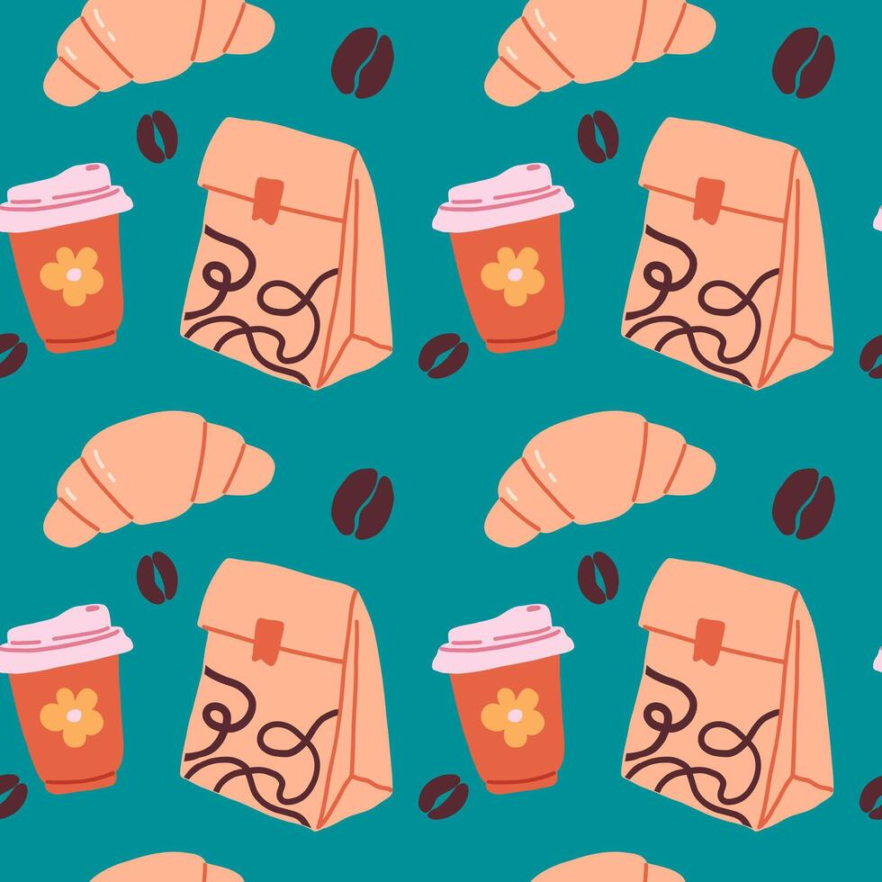 Seamless pattern with croissant and coffee vector
