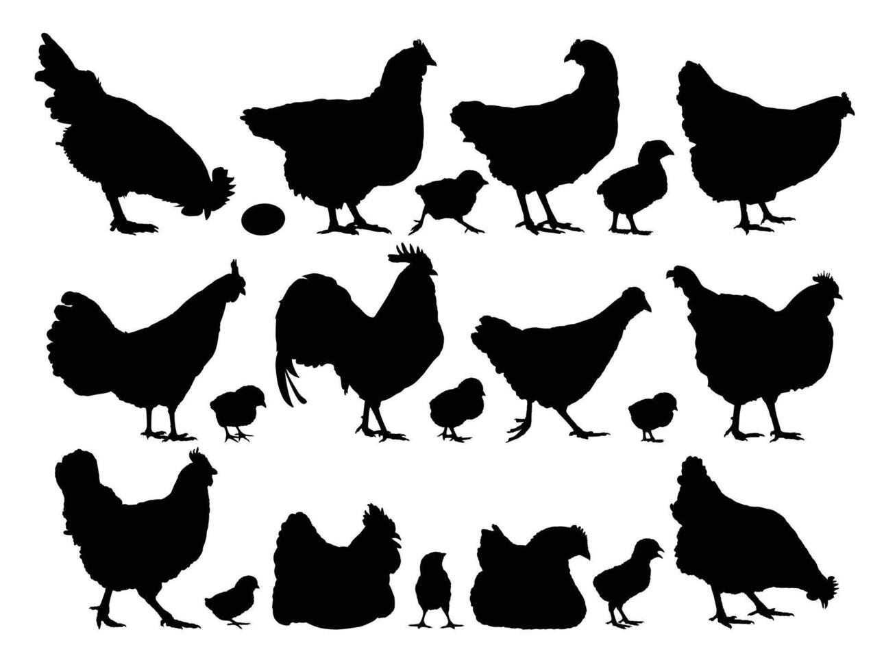 Big set silhouettes of chickens and roosters. vector