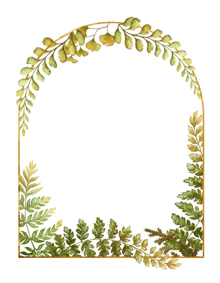Arched frame with fern leaves botanical card template in earth tone. Hand drawn watercolor floral element with thin gold. Perfect for the use of ecological material and modern designs. vector