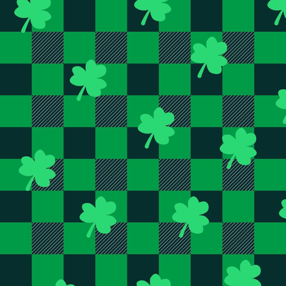 Green plaid pattern with shamrocks, perfect for St Patricks Day designs and festive decorations. Irish themed checkered background with clovers, ideal for textile, wrapping paper. illustration vector