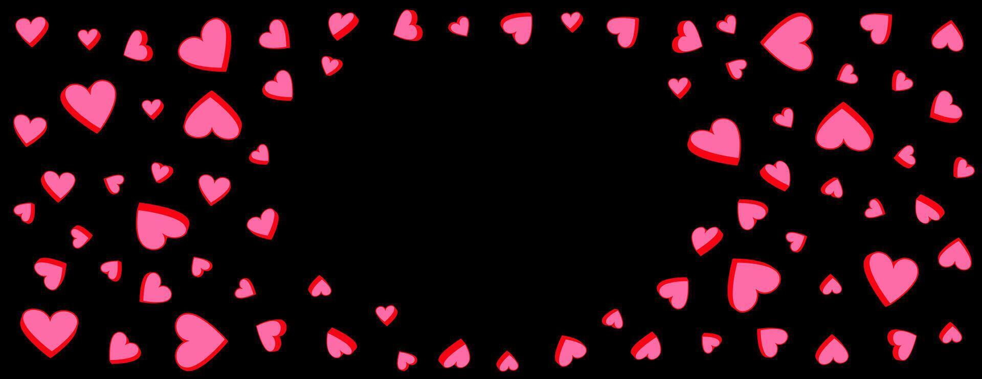 Playful background with copy space featuring layered pink and red hearts scattered on a black backdrop. Ideal for holiday-themed designs, banners, greeting cards, romantic posters vector