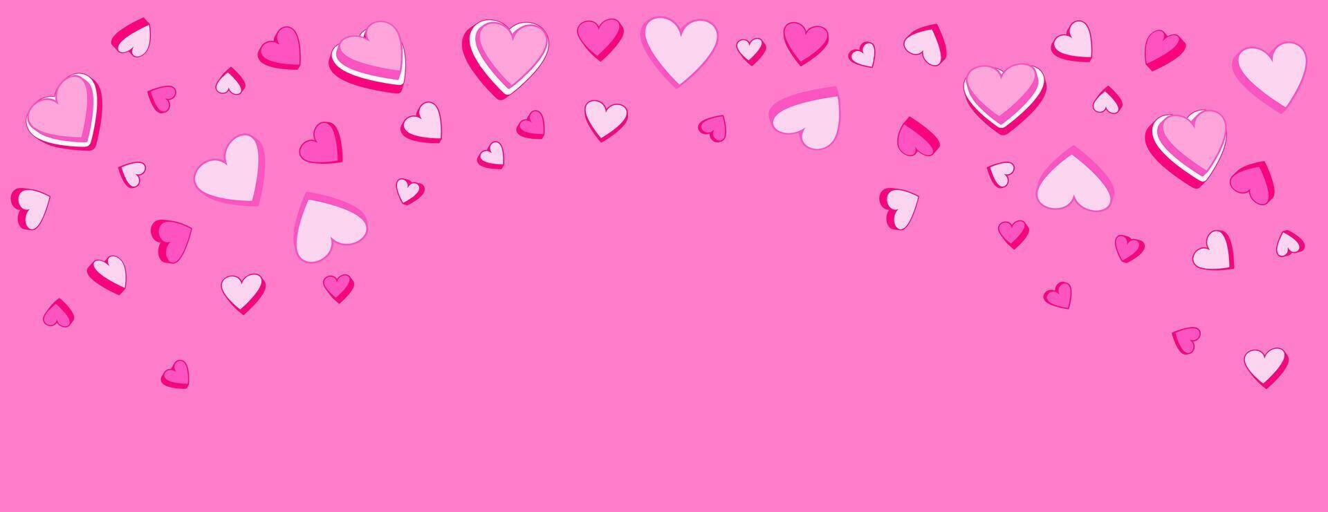 Playful Valentine's Day background featuring layered pink and white hearts scattered on a vibrant pink backdrop. Perfect for greeting cards, banners, invitations, and festive designs. vector